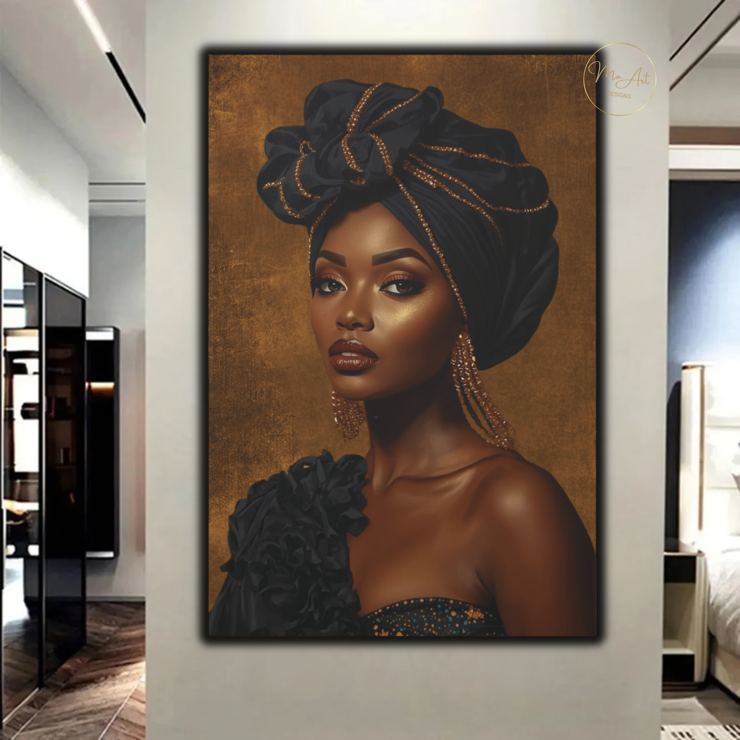 Black Woman Wall Art – Exquisite Beauty in Black & Gold Afrocentric Luxury Canvas Print