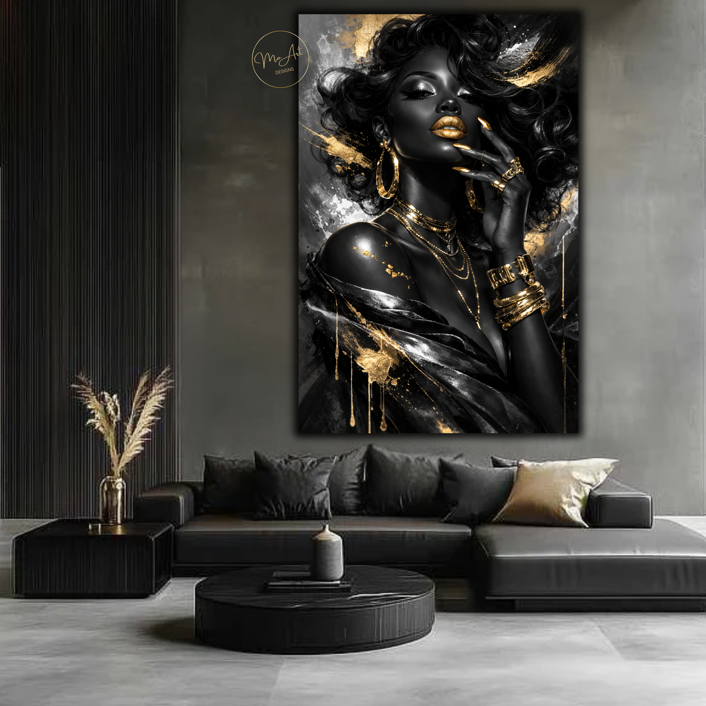 Black Woman Wall Art – Black & Silver Glam with Gold Lips | Luxury Afrocentric Canvas Print