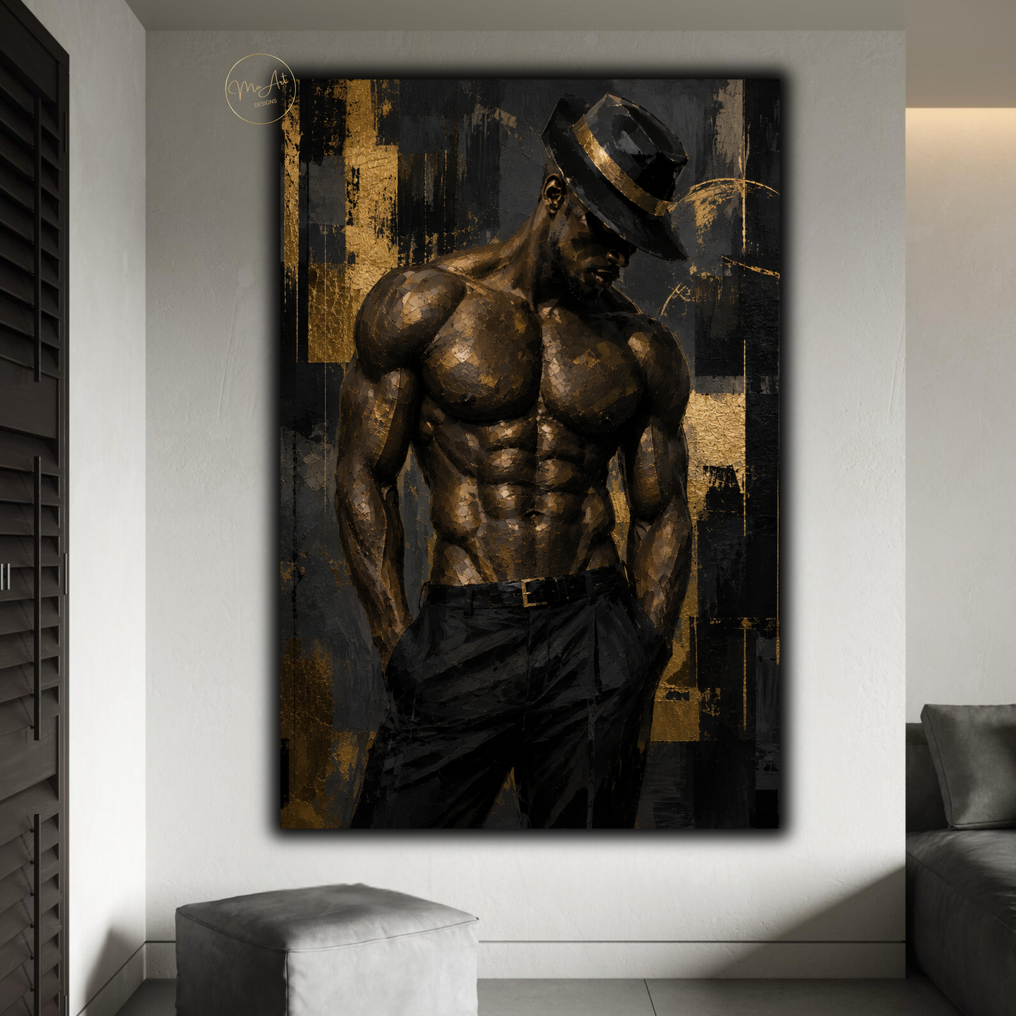 Black Man Wall Art – Sensual Afrocentric Gold & Black Abstract Masculine Canvas Print