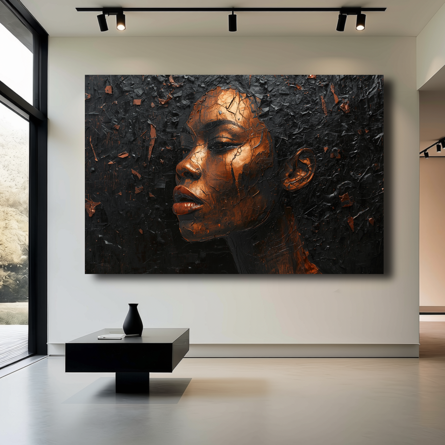 Black Woman Wall Art – Black & Copper Afrocentric Canvas Print | Luxury African American Portrait Wall Decor
