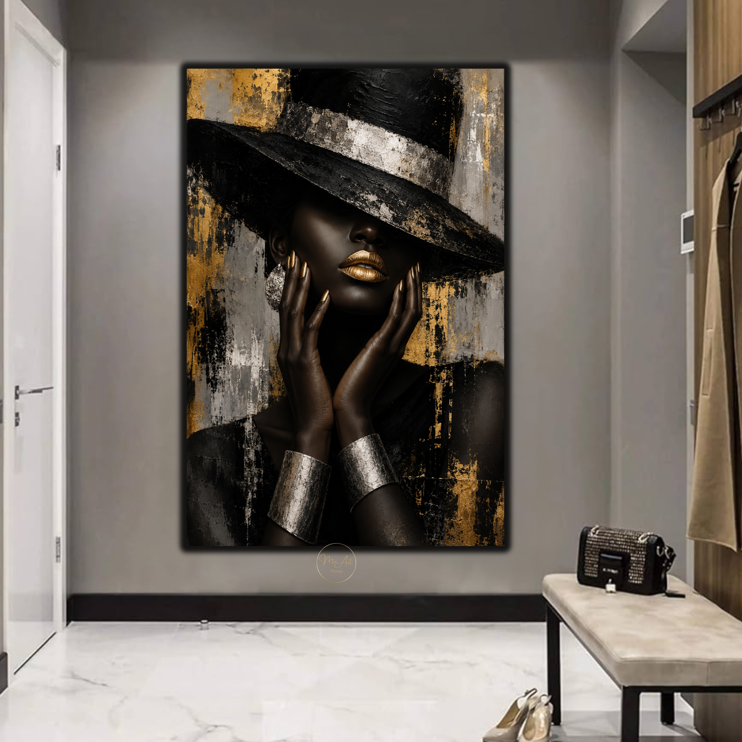 Black Woman Wall Art – Glamorous Black, Gold & Silver Abstract Canvas Print