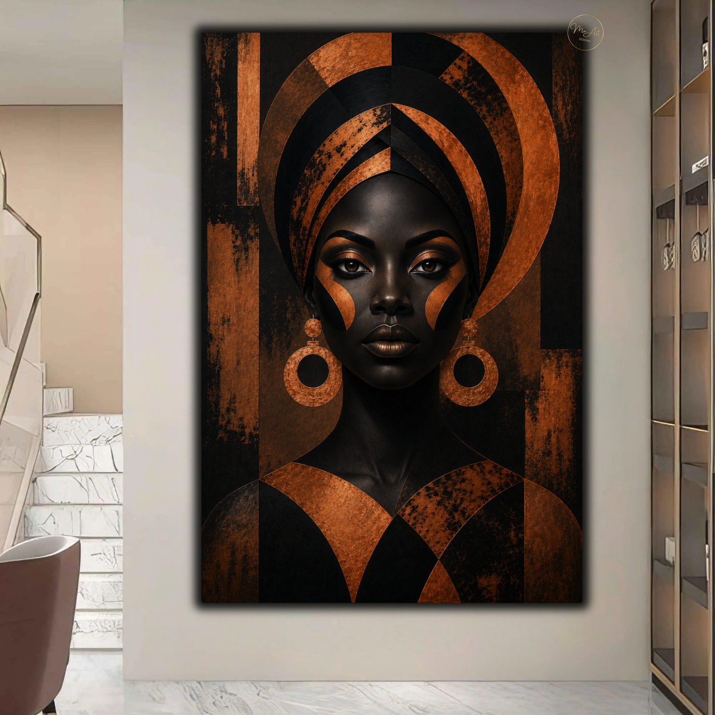 Black Woman Wall Art – Regal Afrocentric Copper & Black Portrait Canvas Print