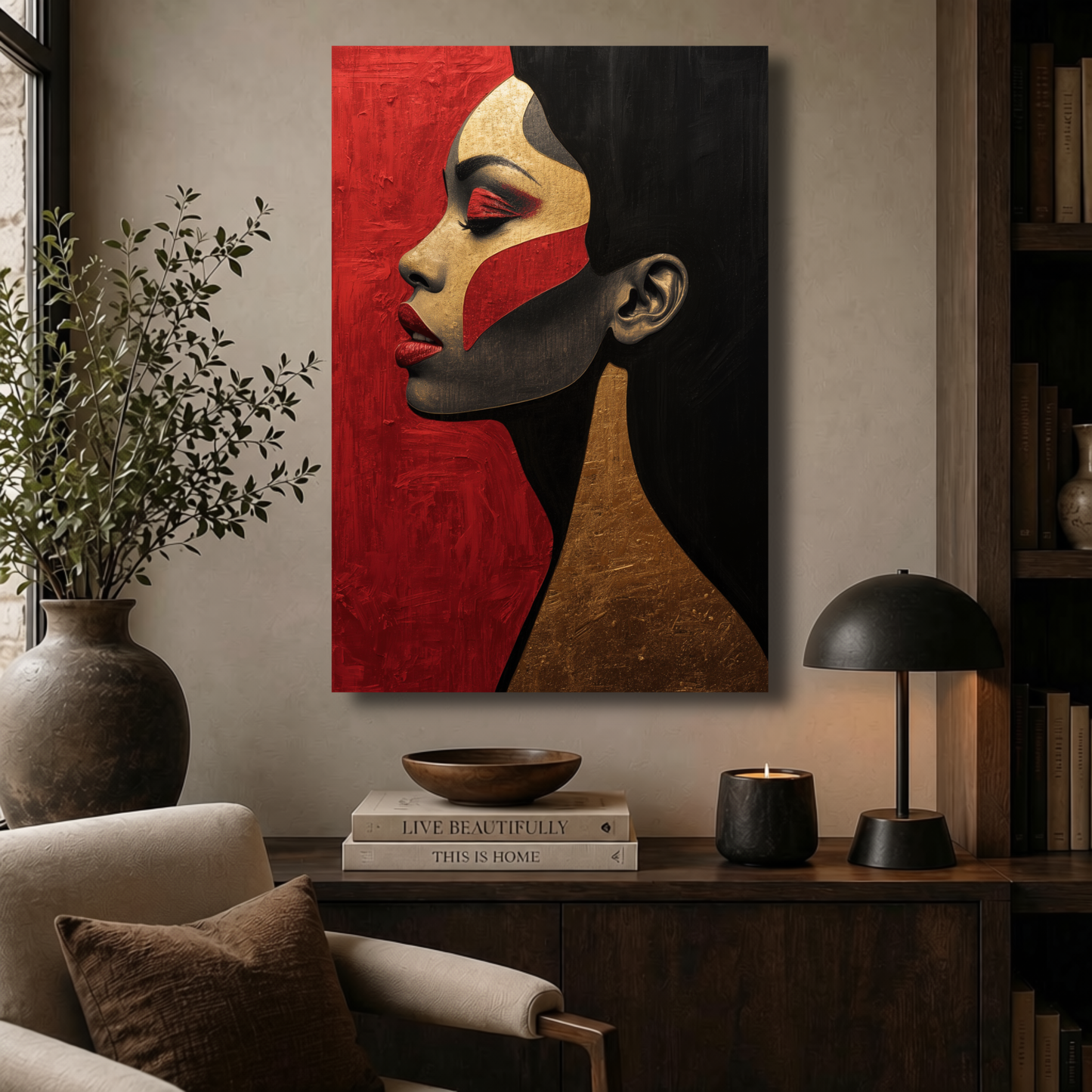 Black Woman Wall Art – Abstract Afrocentric Canvas Print | Black, Red & Gold Modern Wall Decor
