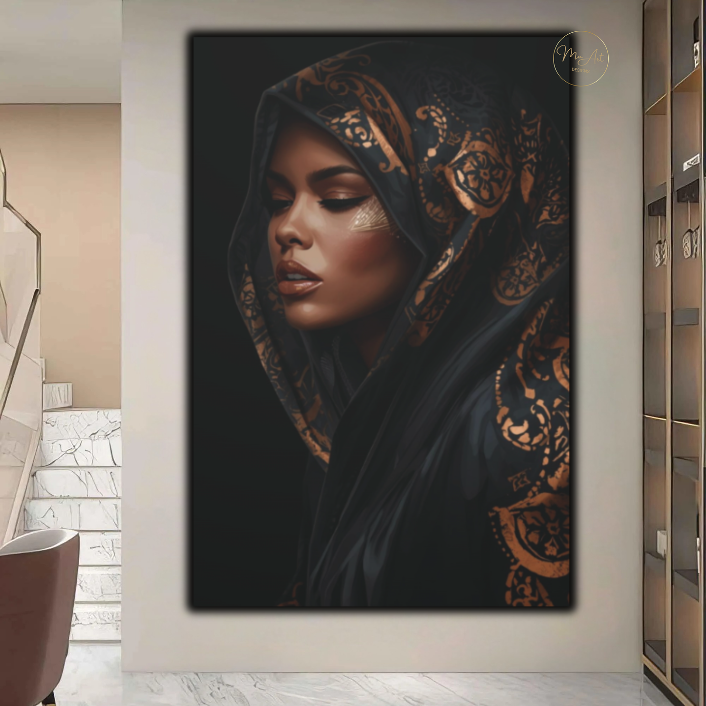 Black Woman Wall Art – Veiled Elegance | Black & Gold Luxury Afrocentric Canvas Print