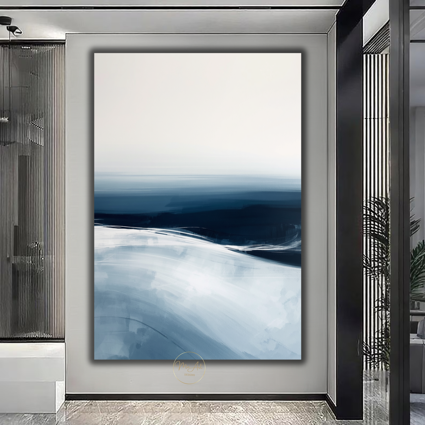 Blue Ocean Abstract Wall Art – Minimalist Coastal Canvas Print in Navy & White