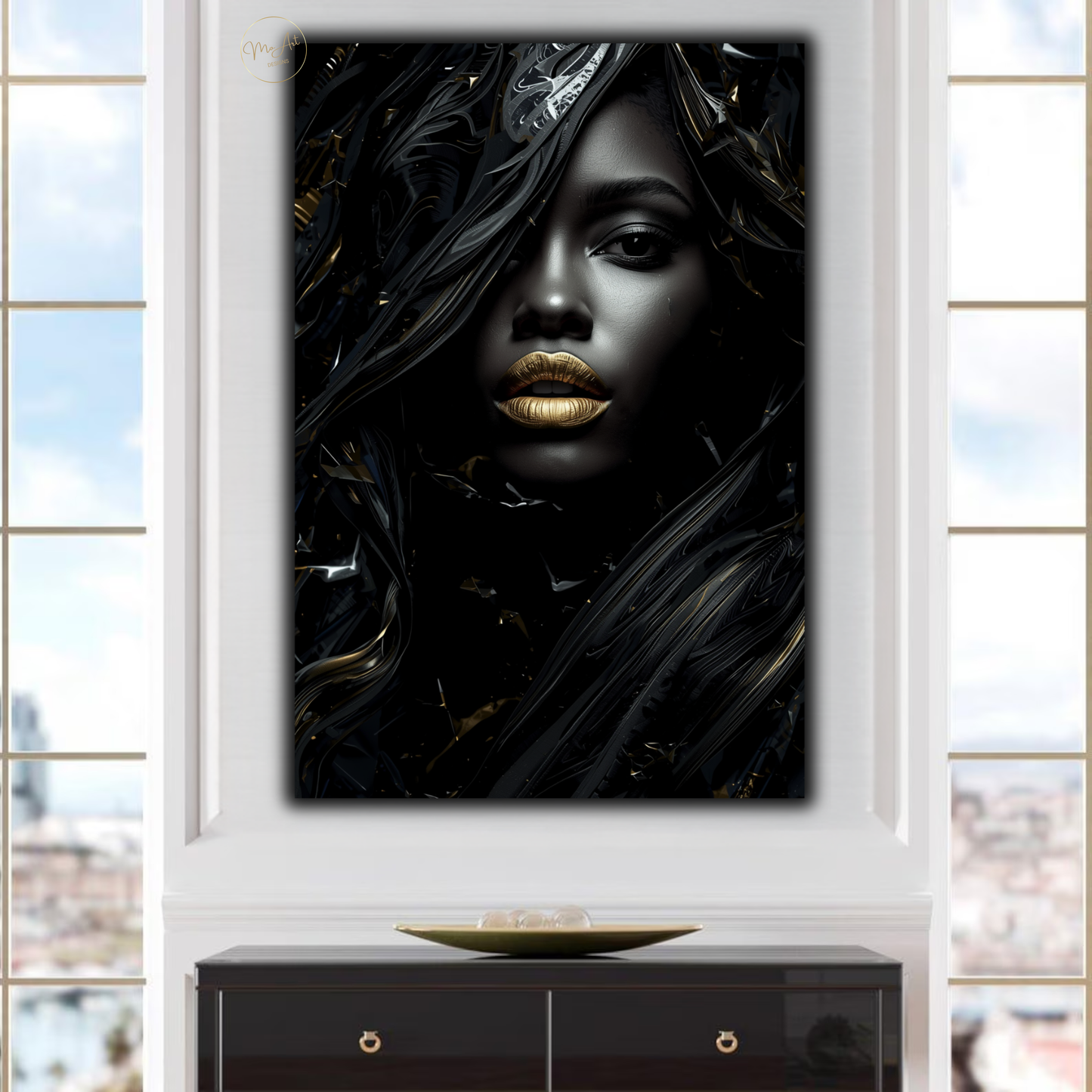 Black Woman Wall Art – Afrocentric Fashion Diva | Luxury Black & Gold Abstract Canvas Print