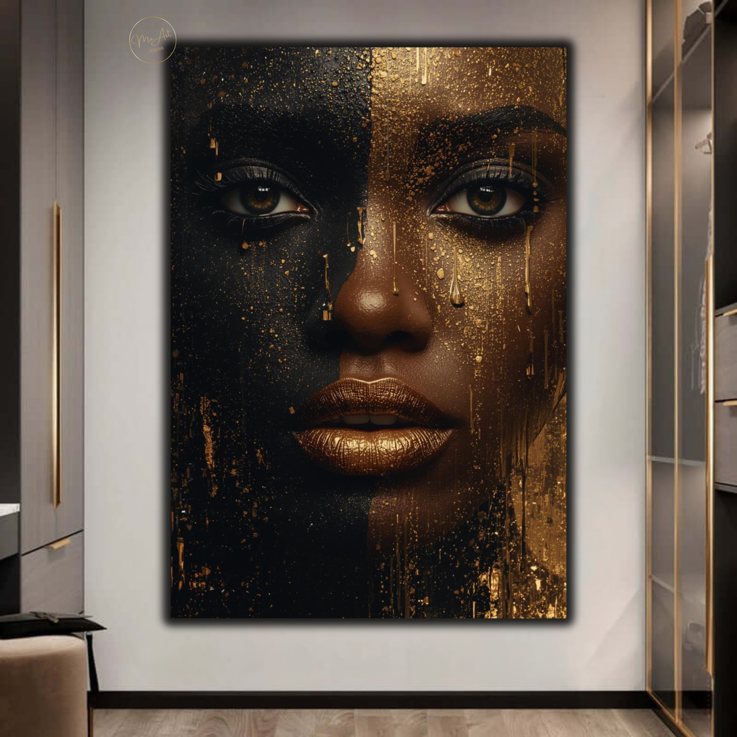 Black Woman Wall Art – Striking Gold Drip | Afrocentric Black & Gold Canvas Print