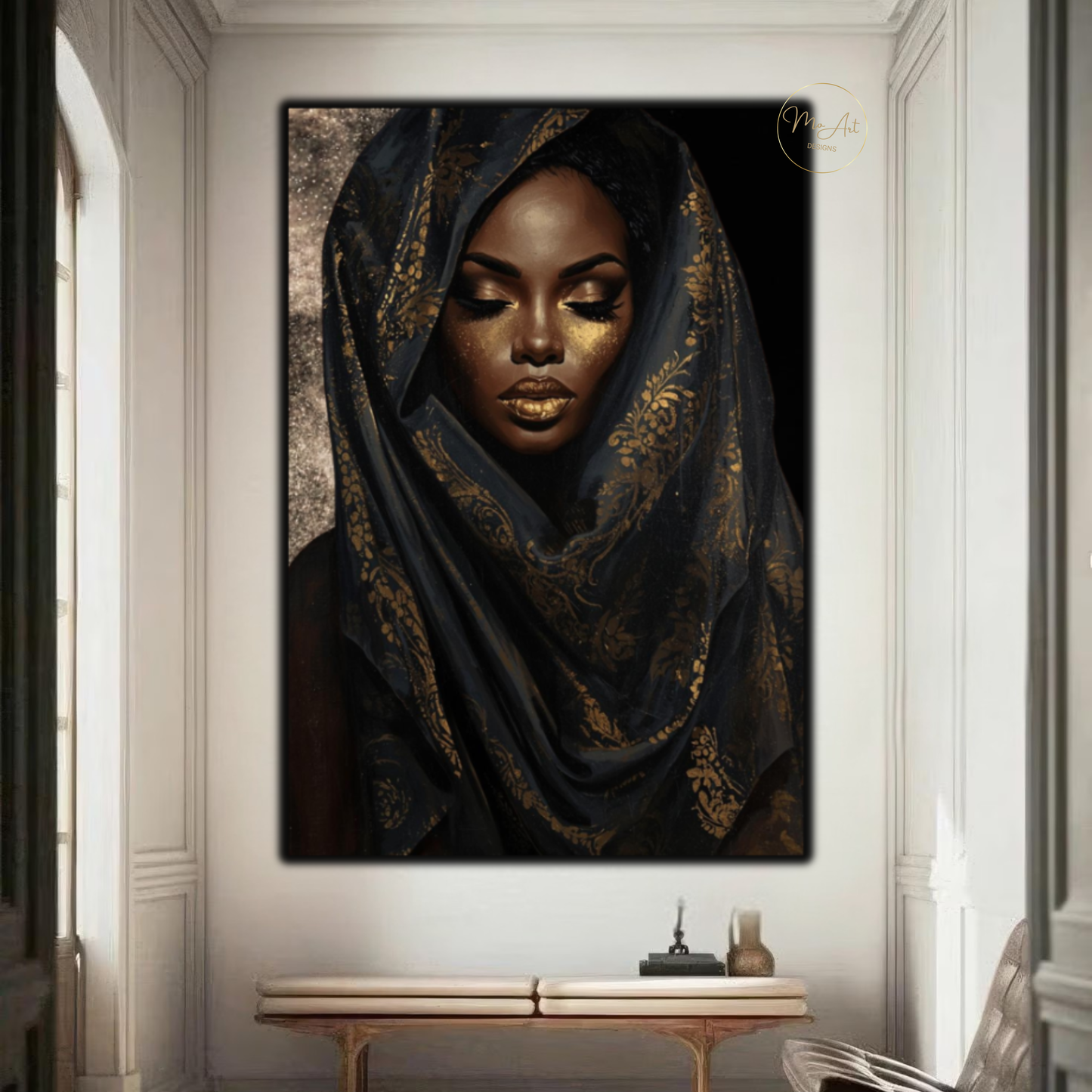 Black Woman Wall Art – Golden Veil Queen | Black & Gold Afrocentric Canvas Print