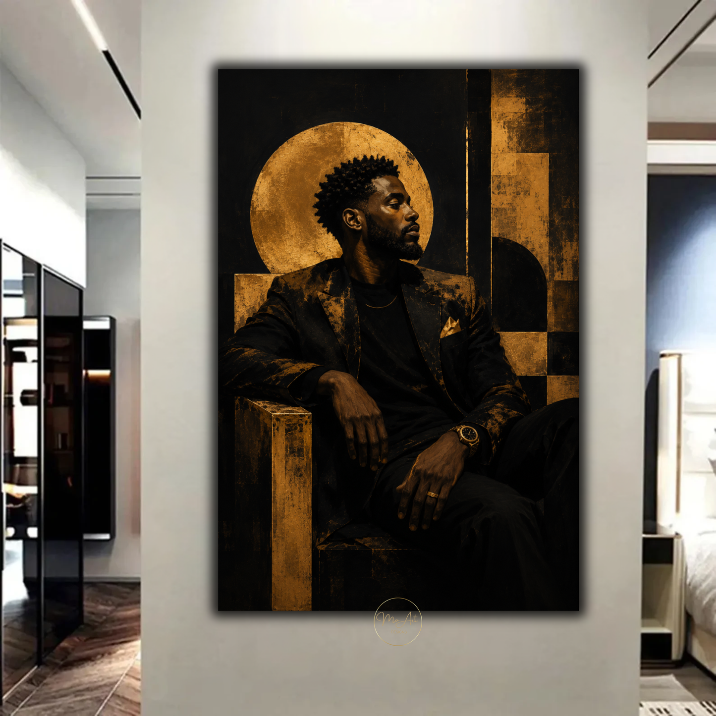 Black Man Wall Art – Abstract Gold & Black Afrocentric Portrait Canvas Print
