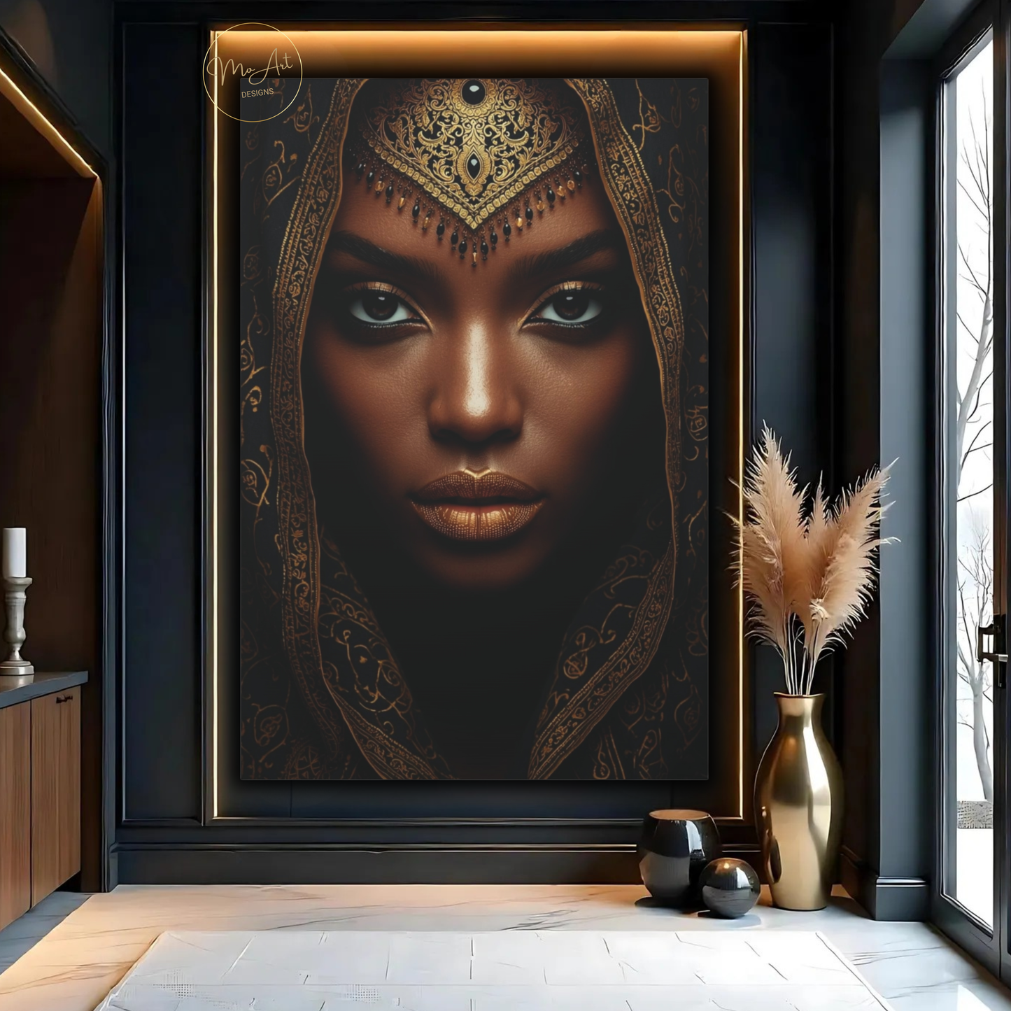 Black Woman Wall Art – African Goddess Queen | Black & Gold Luxury Canvas Print