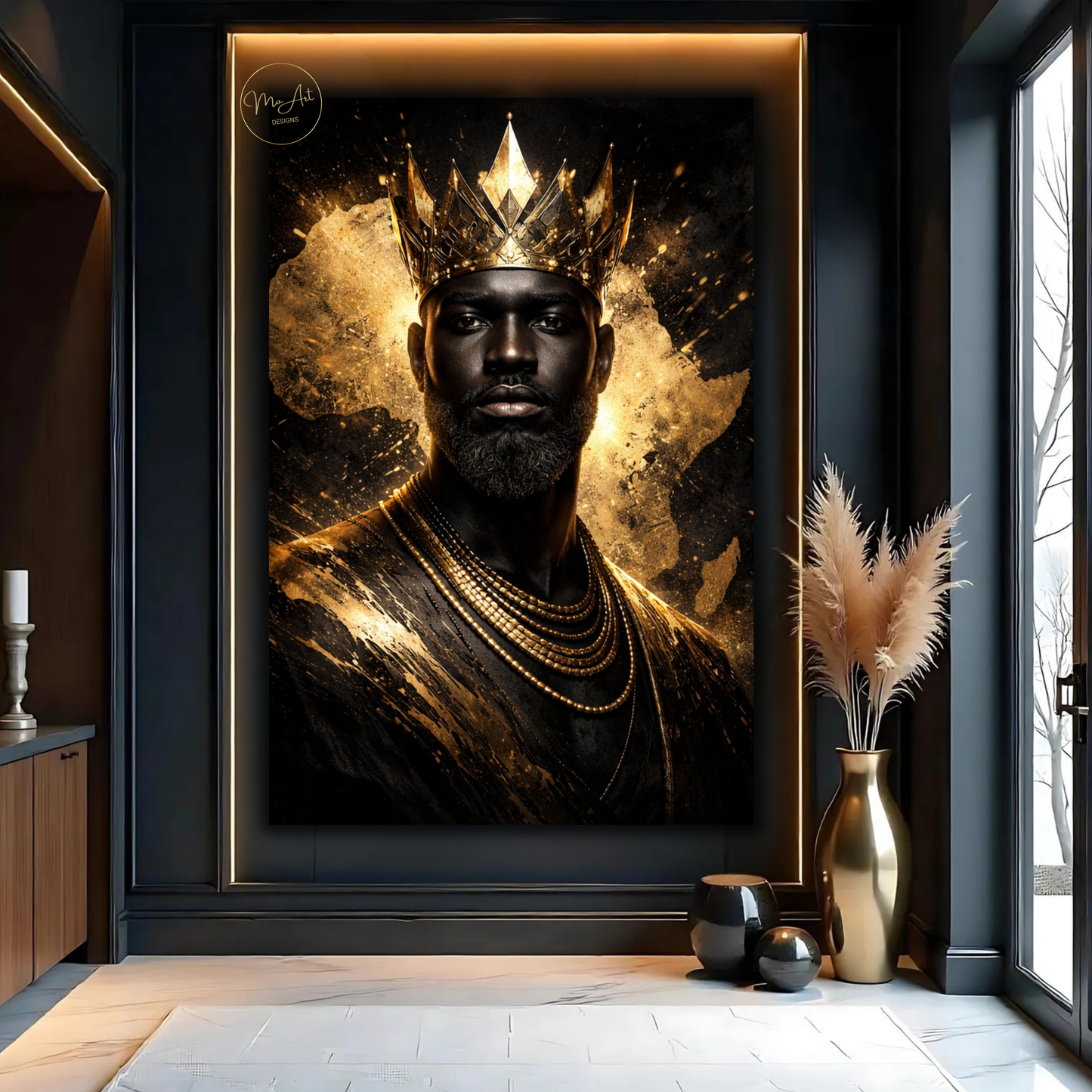 Black King Wall Art – African Royalty Gold Crown Canvas Print for Modern Luxury Decor