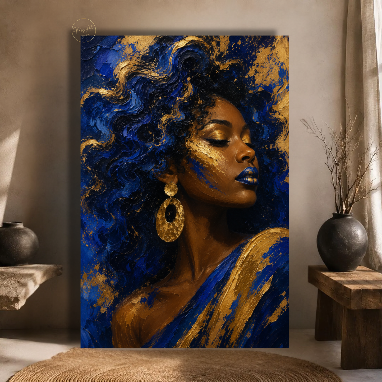 Black Woman Wall Art – Royal Blue & Gold Afrocentric Canvas Print | Abstract African American Woman Art