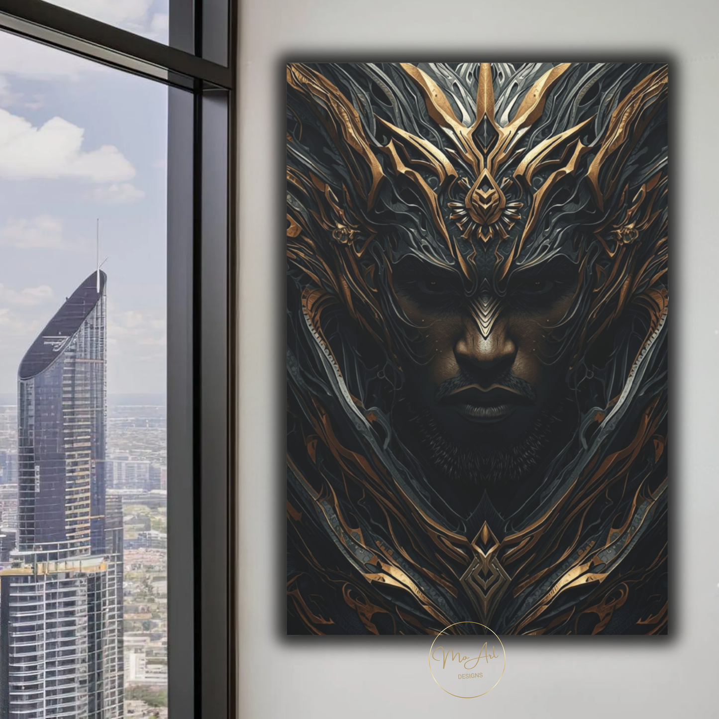 Black Warrior Abstract Art – Divine Sentinel | Black & Gold Afrocentric Wall Art / Canvas Print