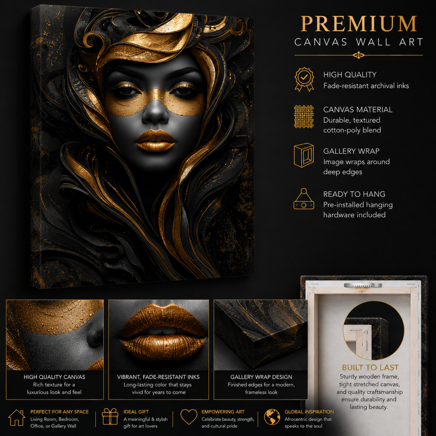 Black Woman Wall Art – Mysterious Black & Gold Afrocentric Canvas Print