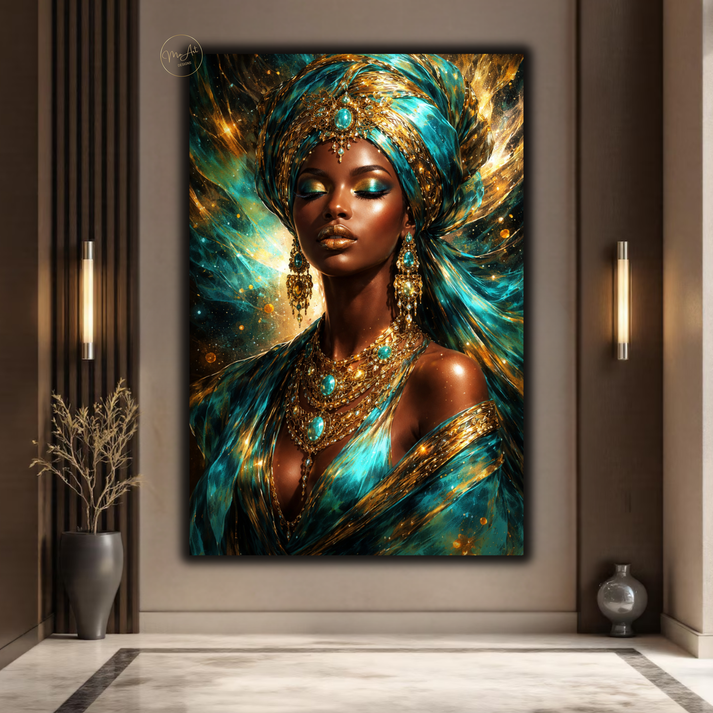 Black Woman Wall Art – Elegant Afrocentric Turquoise & Gold Abstract Canvas Print