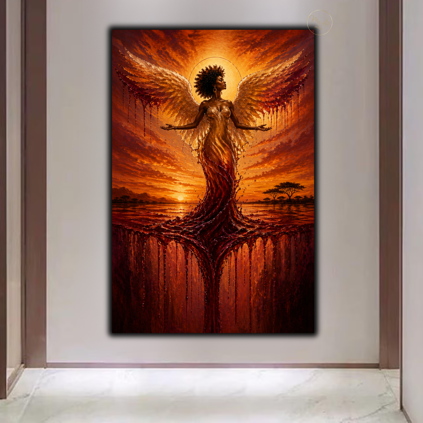 Black Woman Wall Art – Divine Angel at Sunset | Afrocentric Abstract Canvas Print