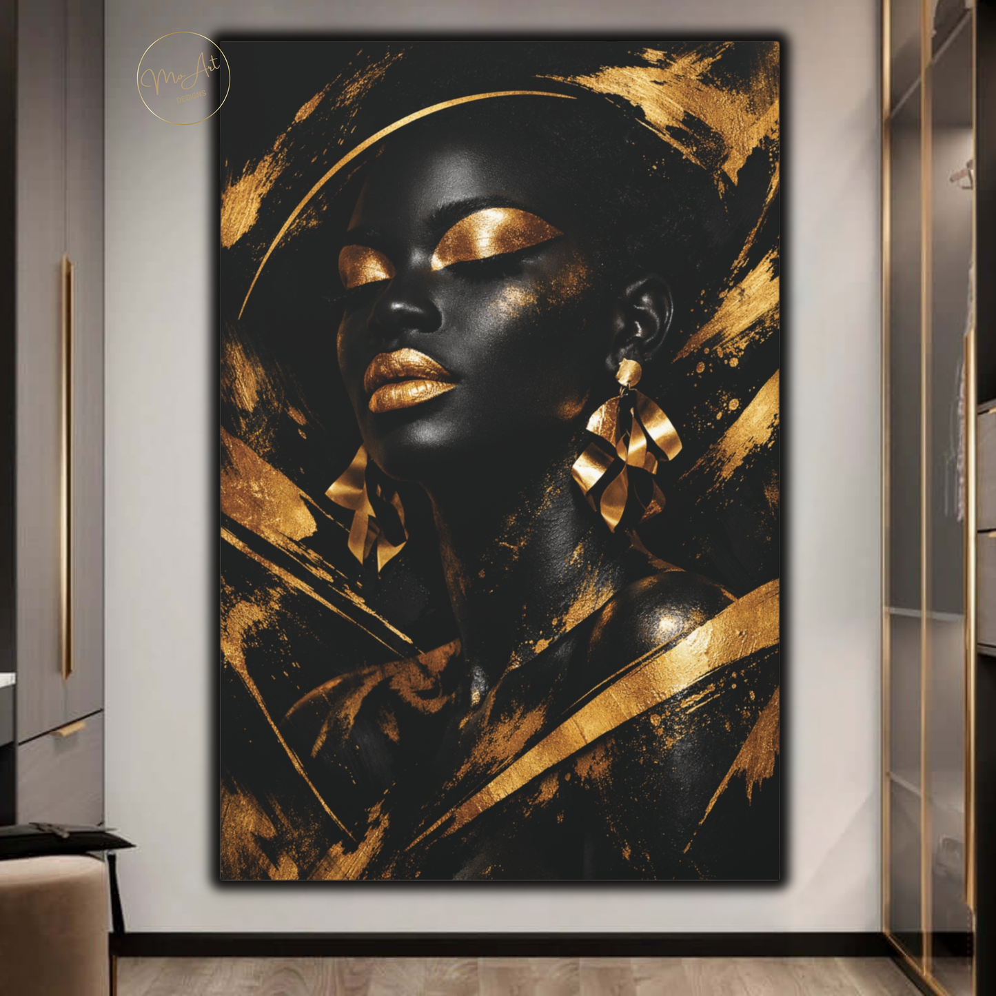 Black Woman Wall Art – Golden Goddess | Luxury Black & Gold Abstract Canvas Print