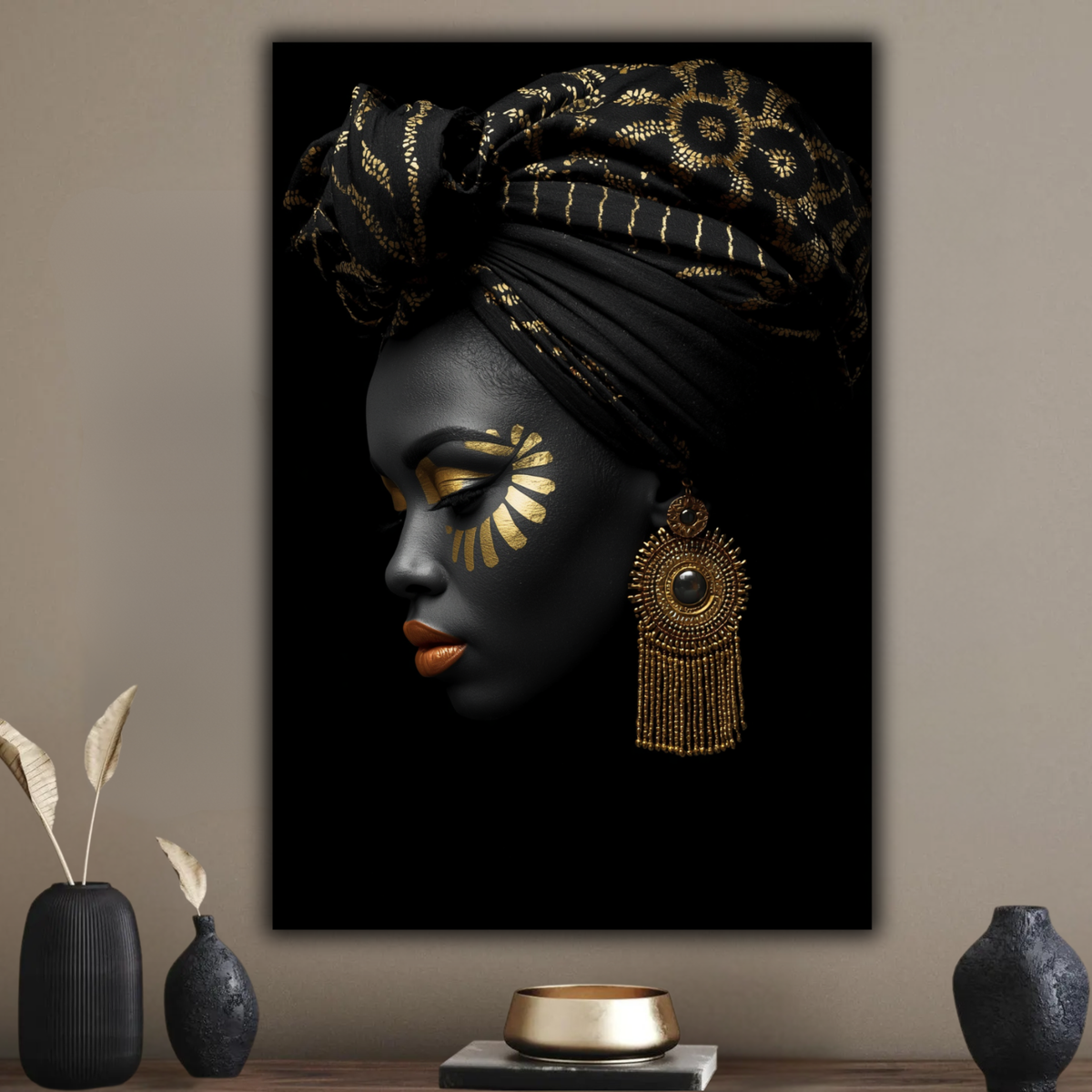 Black Woman Wall Art – Regal Radiance Black & Gold Canvas Print | Afrocentric Home Decor