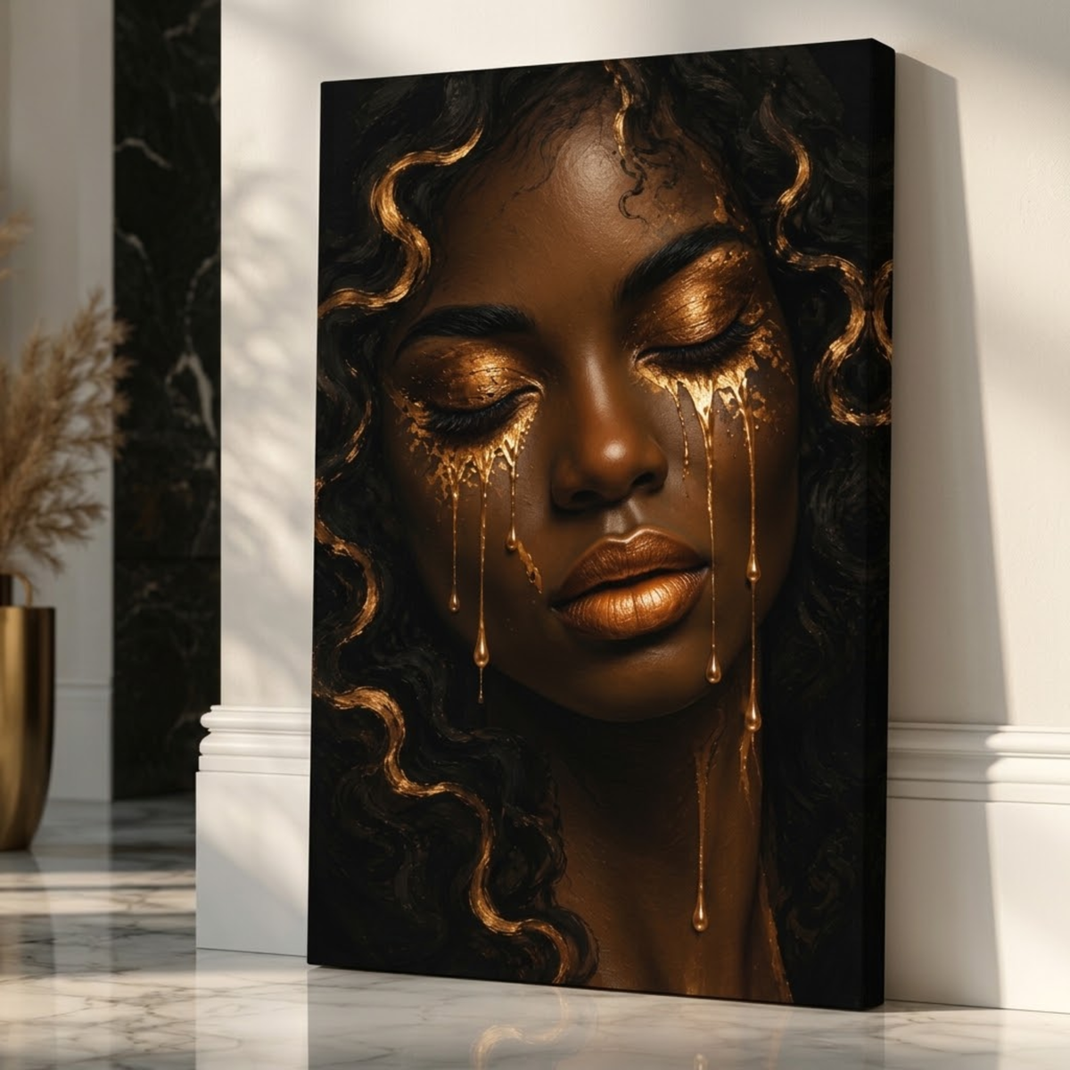 Black Woman Wall Art - Golden Tears Black & Gold Canvas Print | Afrocentric Home Decor