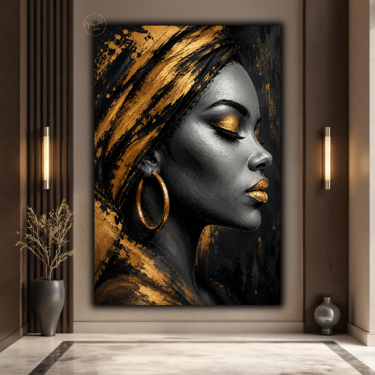 Black Woman Wall Art – Luxury Black & Gold Afrocentric Portrait Canvas Print
