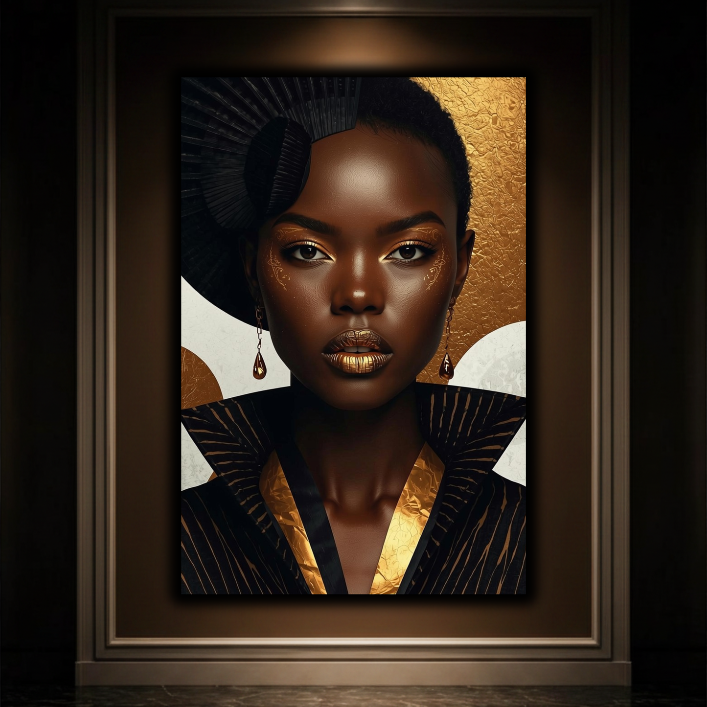 Black Woman Wall Art - Afrocentric Fashion in Black & Gold Canvas Print | Luxury African American Portrait Wall Decor