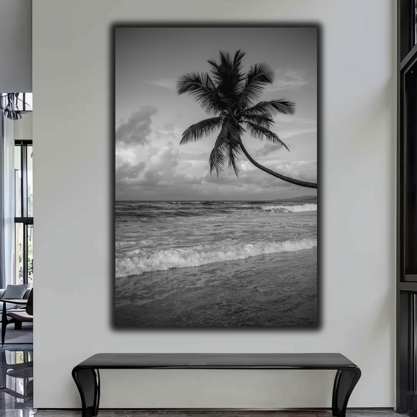 Black & White Tropical Palm Tree Wall Art – Ocean Beach Canvas Print, Coastal Home Decor, Minimalist Photography