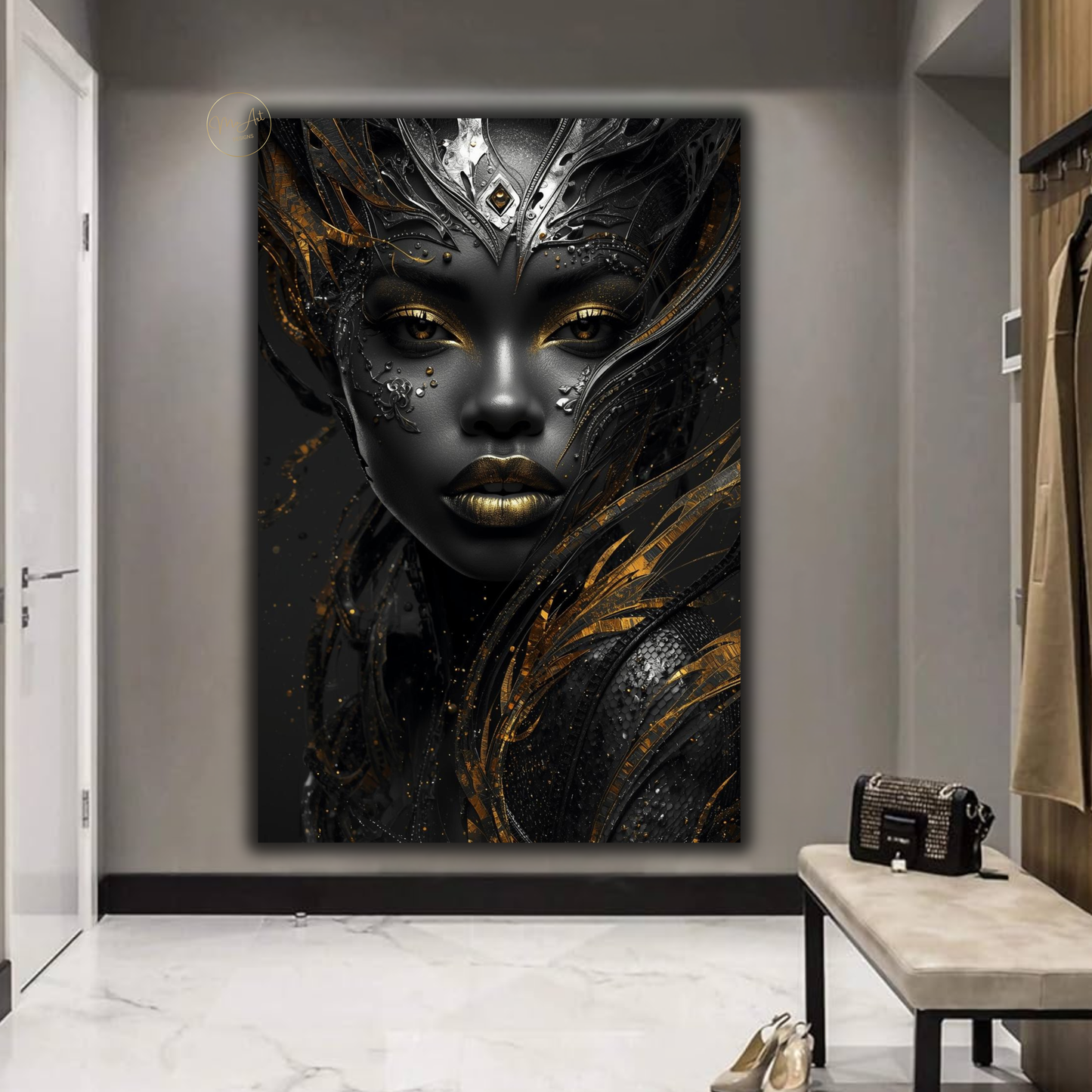 Black Woman Wall Art – Exotic Beauty / Black & Gold Afrocentric Canvas Print
