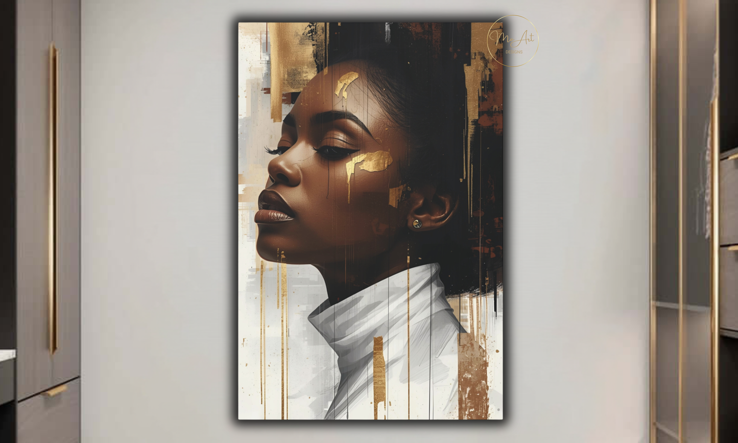 Abstract Black Woman Wall Art – White & Gold Elegance / Canvas Print