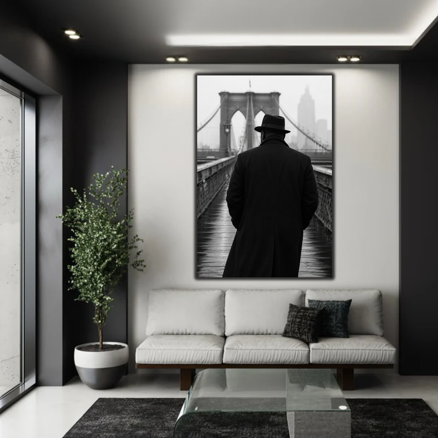 African American Man NYC Wall Art | Brooklyn Bridge Black & White Canvas Print