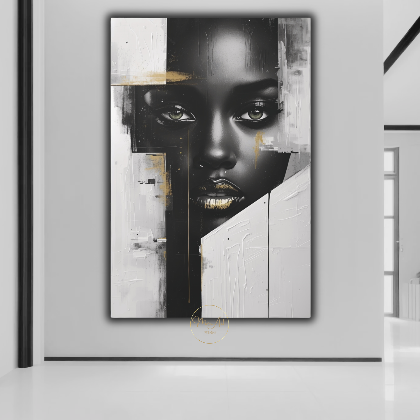 Black Woman Wall Art – Sovereign Gaze - Luxury Black, White & Gold Modern Canvas Print