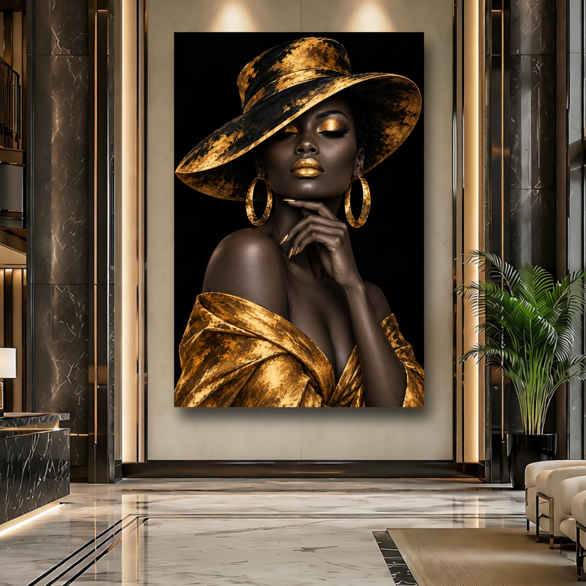 Black Woman Wall Art – Midnight Majesty | Black & Gold Afrocentric Luxury Canvas Print