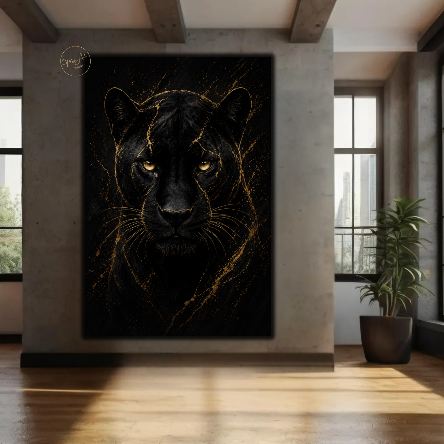 Black Panther Wall Art – Fierce Gold & Black Abstract Panther Canvas Print