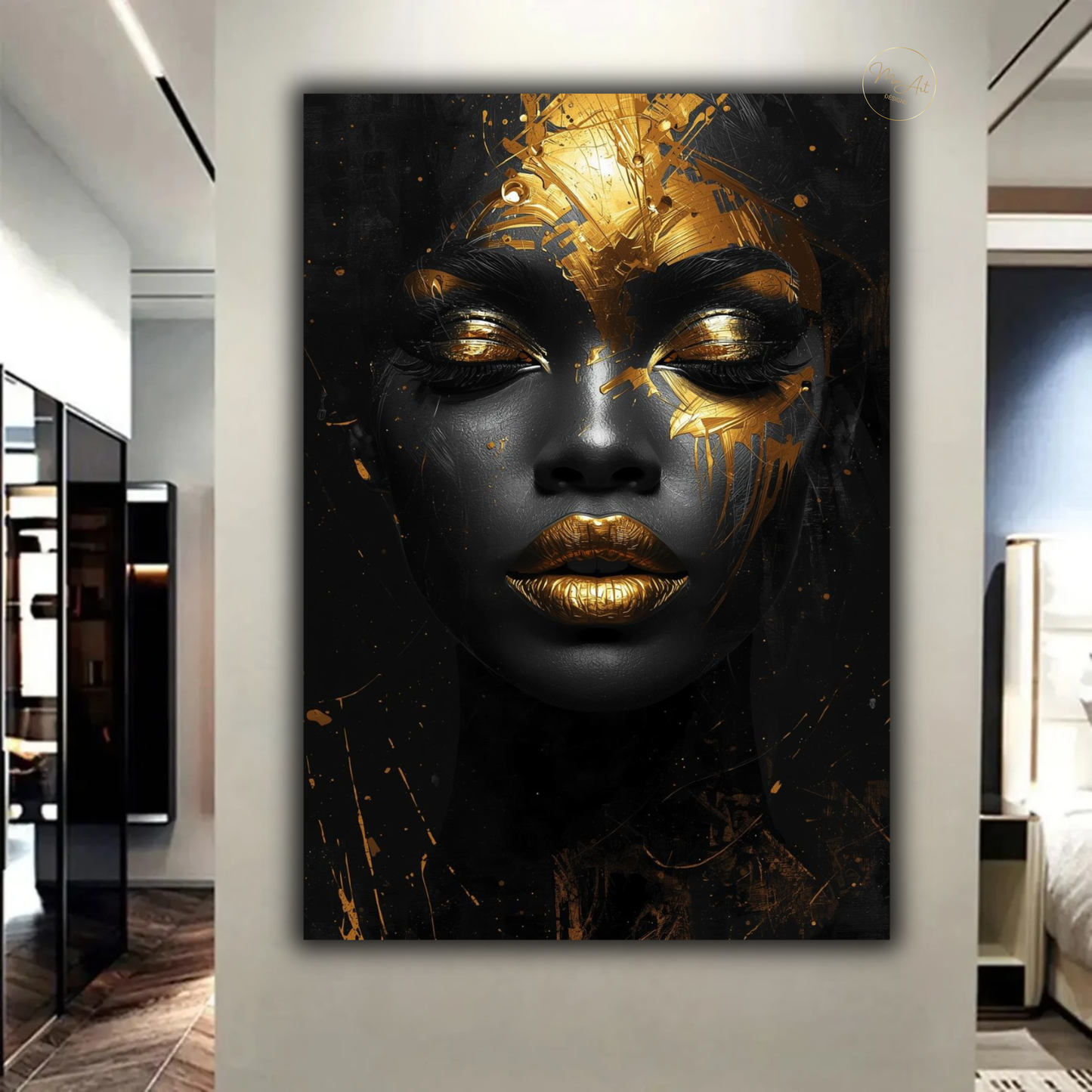 Black Woman Wall Art – Afrocentric Black & Gold Abstract Portrait Canvas Print