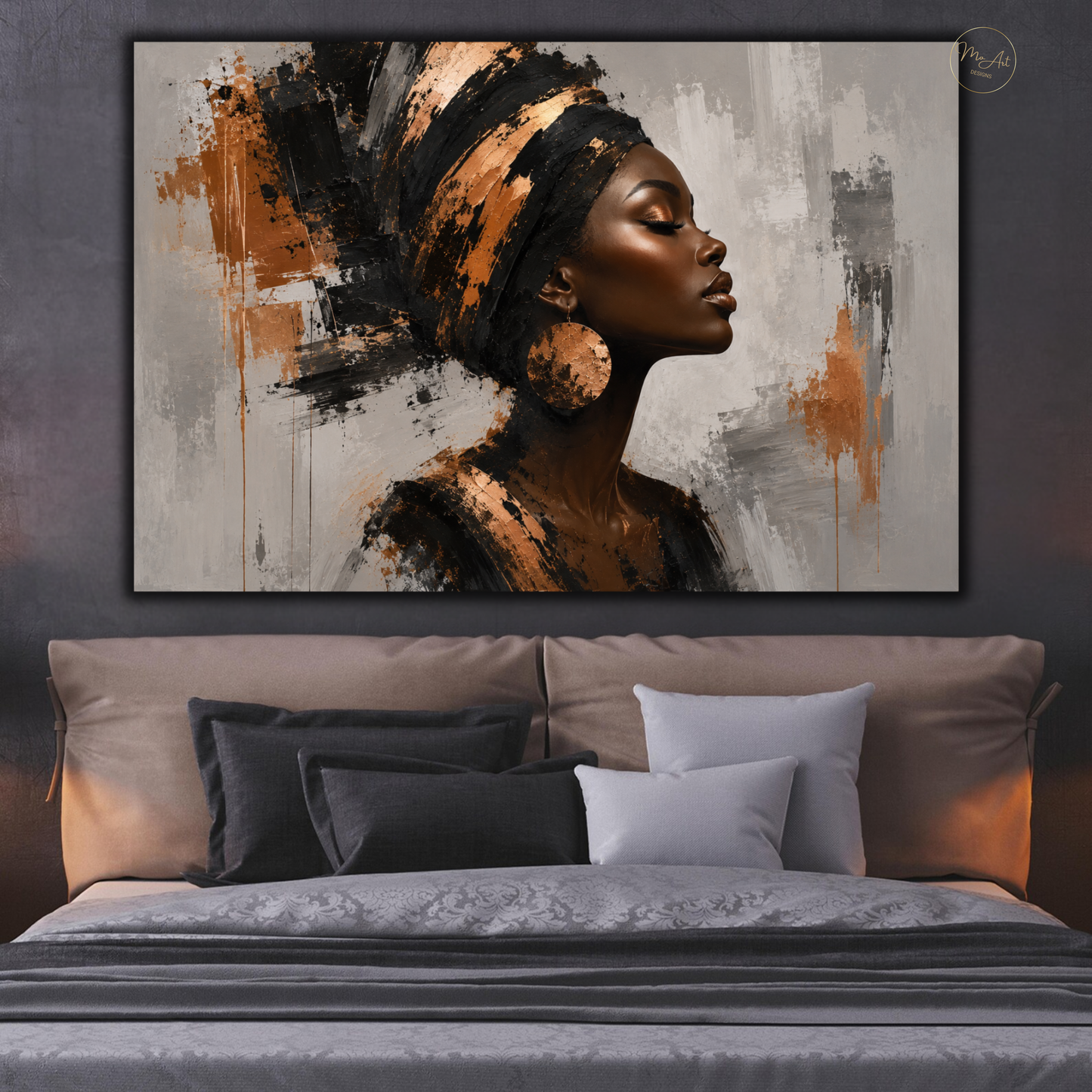 Black Woman Wall Art – Opulent Black & Copper Afrocentric Abstract Canvas Print