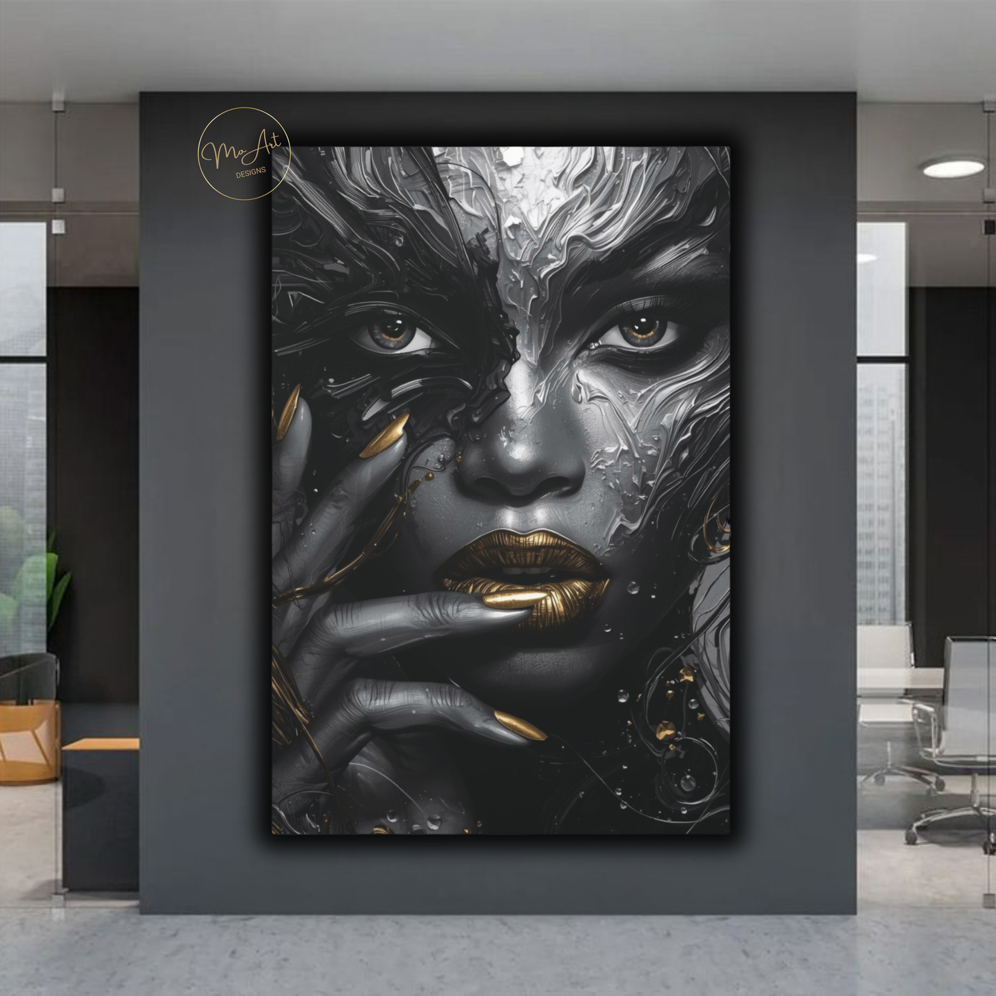 Black Woman Wall Art – Molten Beauty in Silver & Gold | Modern Luxury Canvas Print