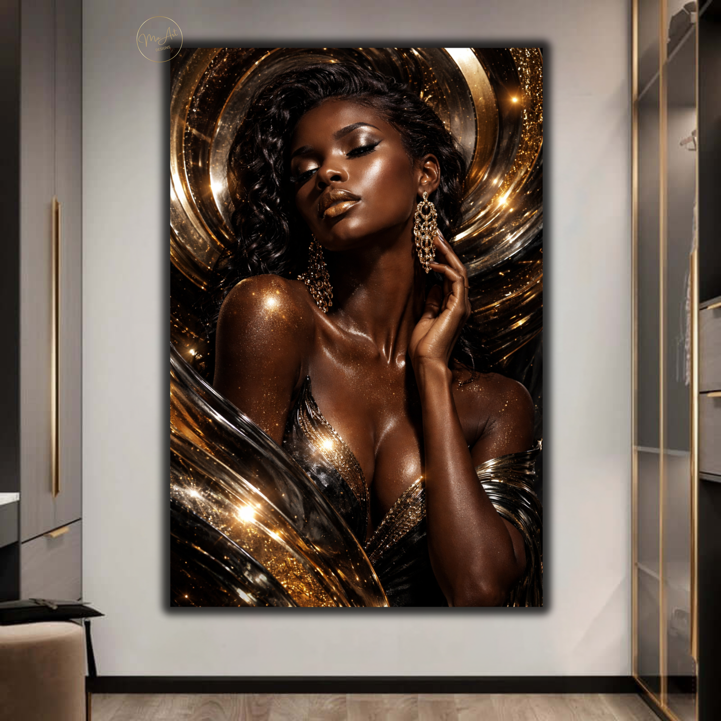Black Woman Wall Art – Seductive Afrocentric Gold & Black Abstract Canvas Print | Elegant Luxury Home Decor