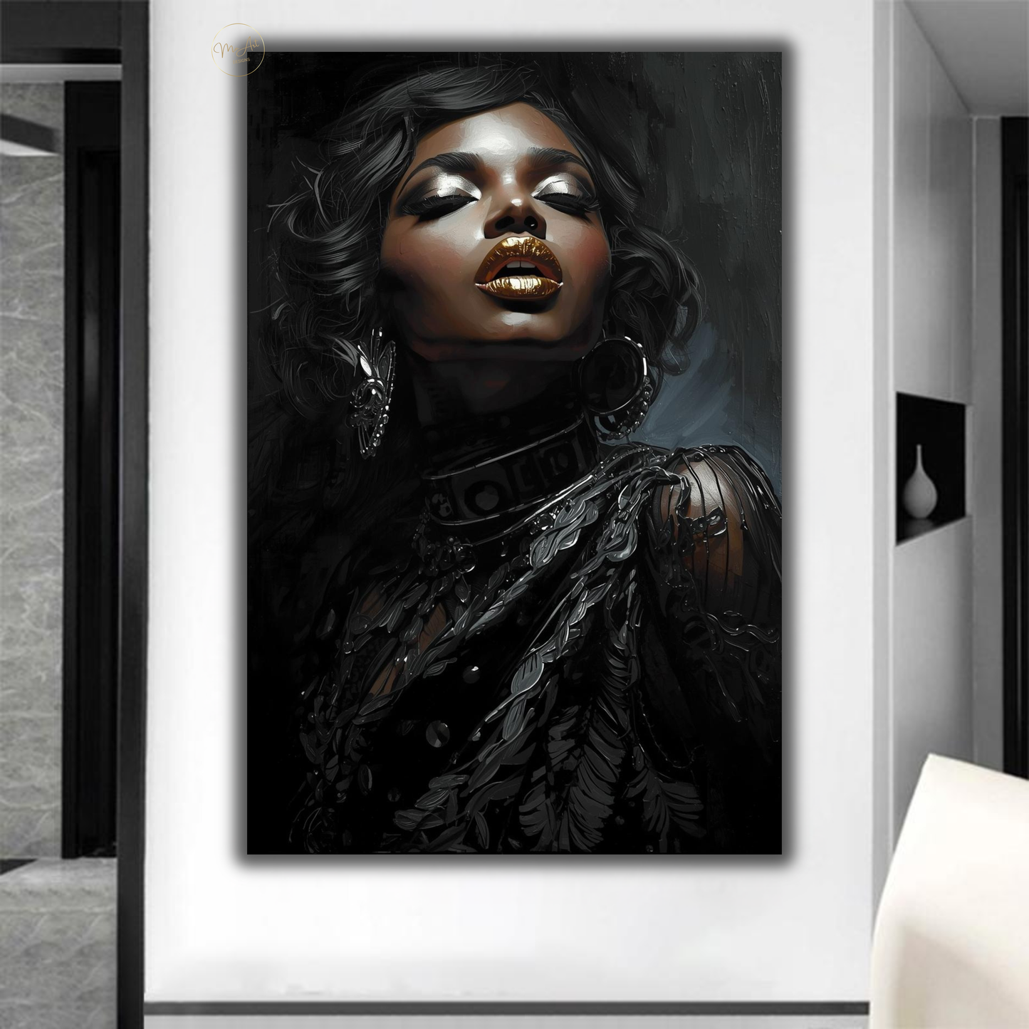 Black Woman Wall Art with Gold Lips – Elegant Afrocentric Canvas Print for Luxury Decor