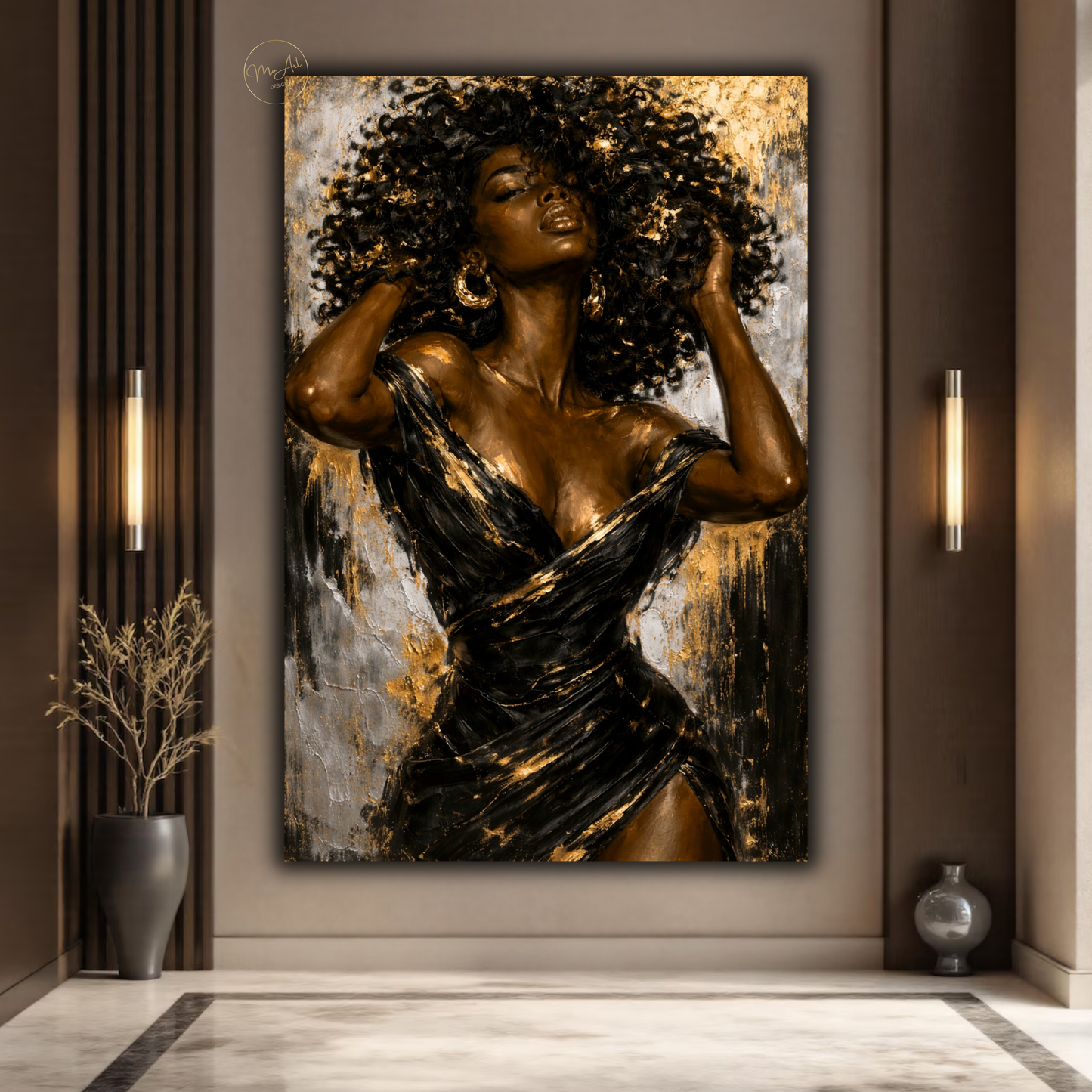 Black Woman Wall Art – Sensual Afrocentric Black, Gold & Silver Abstract Canvas Print