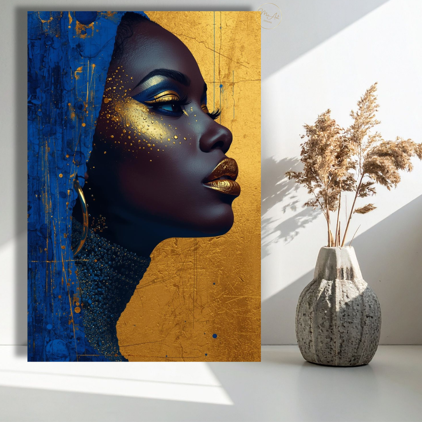 Black Woman Wall Art – Royal Blue & Gold Abstract Afrocentric Beauty Canvas Print