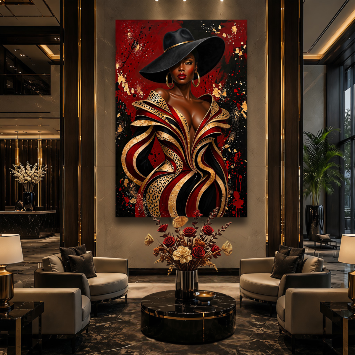 Black Woman Wall Art - Seductive Glamour | Red, Black & Gold Leopard Print Afrocentric Canvas Print