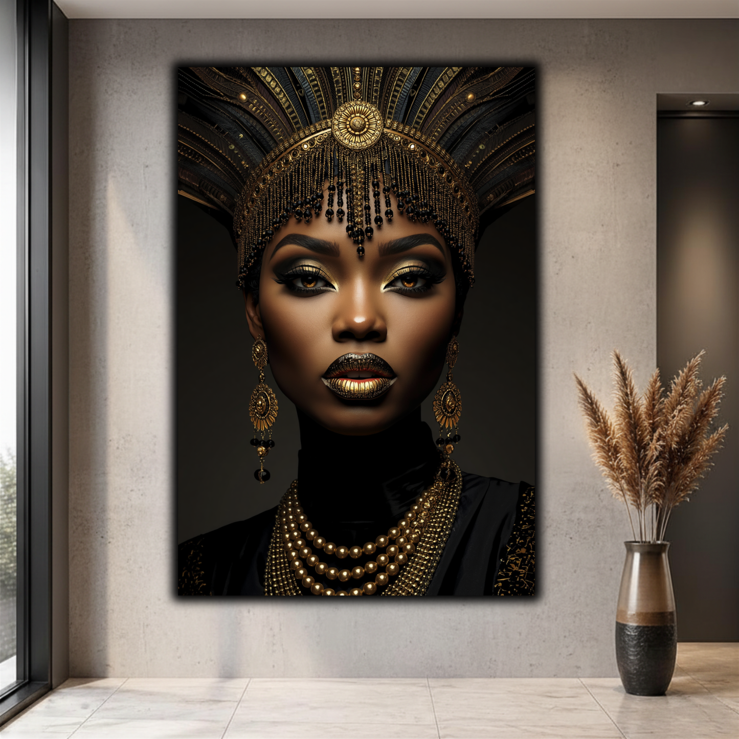 Black Woman Wall Art – African Queen Portrait Black & Gold Canvas Print | Afrocentric Luxury Wall Decor