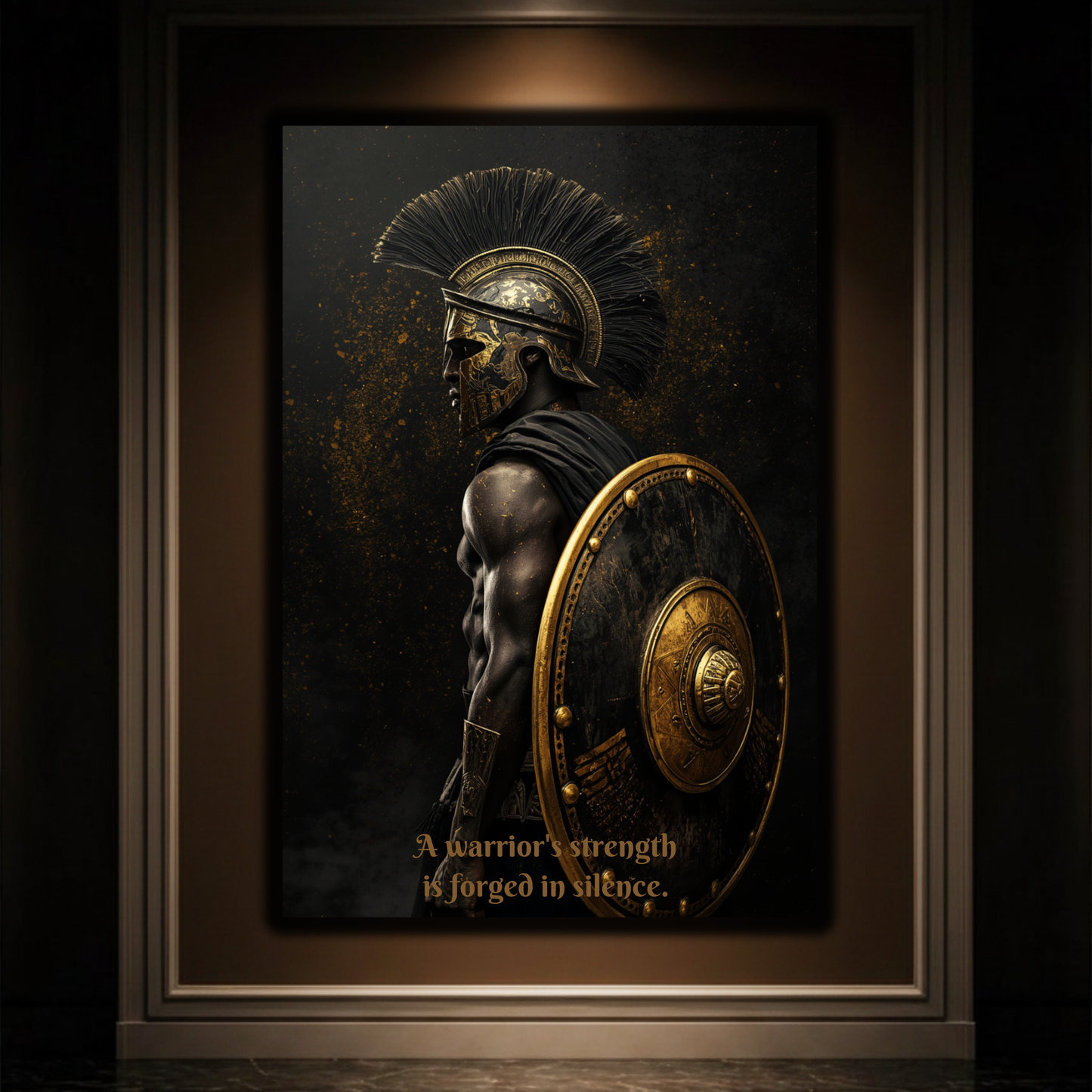 Spartan Warrior Motivational Quote Canvas Print | "Forged in Silence" Black & Gold Wall Art