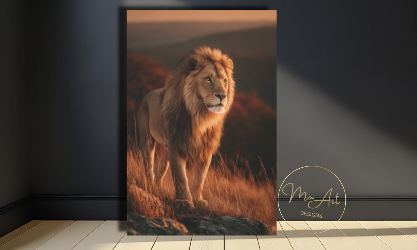 Majestic Lion Canvas Wall Art – Regal Wildlife Print at Sunset