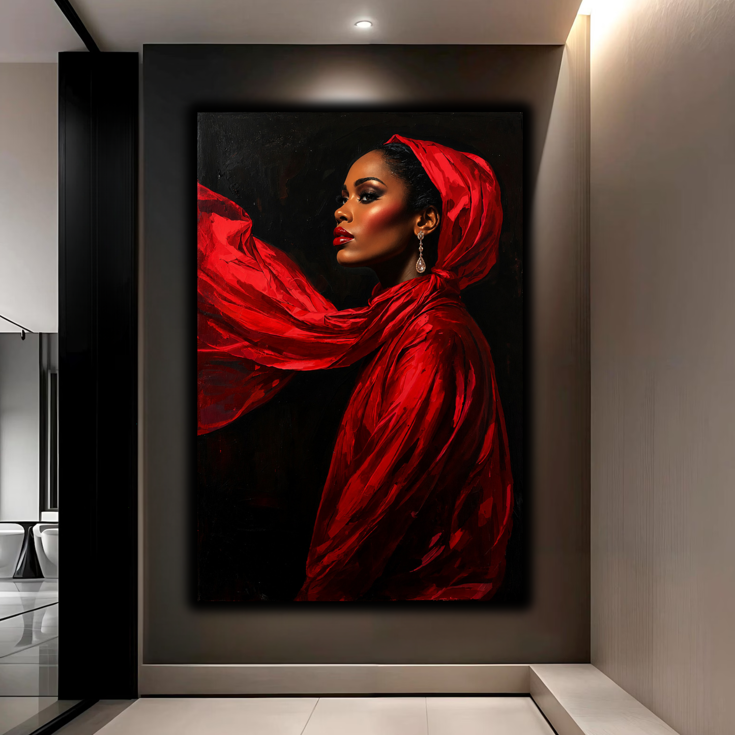 Black Woman Wall Art – Lady in Red Canvas Print | Elegant Afrocentric Home Decor