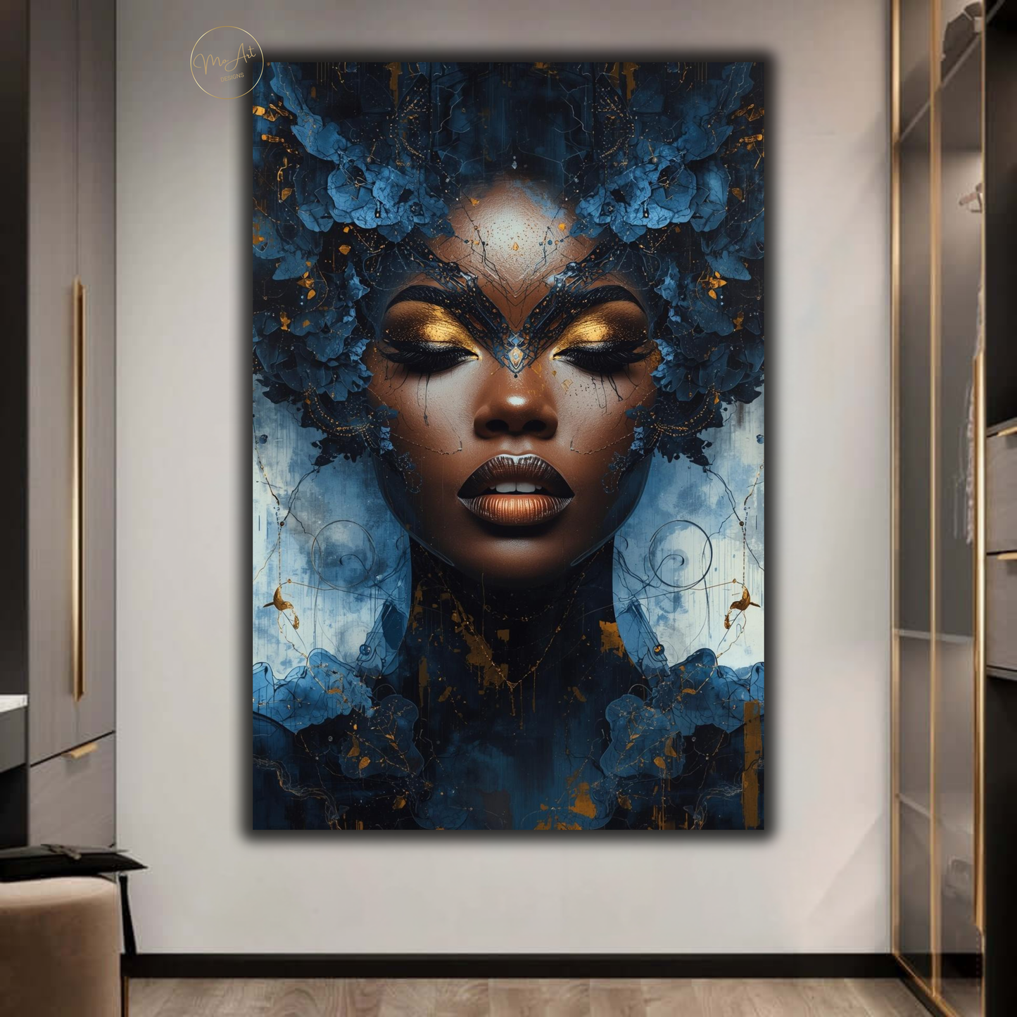 Afrocentric Black Woman Wall Art – Blue and Gold Abstract Canvas Print
