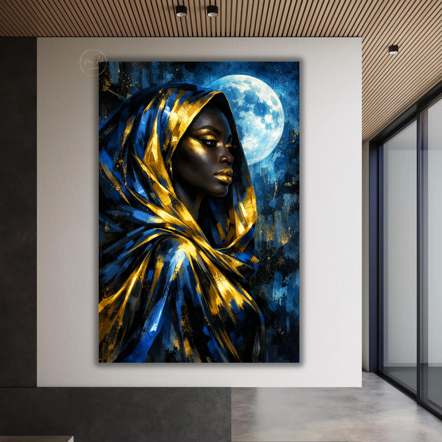 Black Woman Wall Art – Blue & Gold Afrocentric Moon Goddess Canvas Print