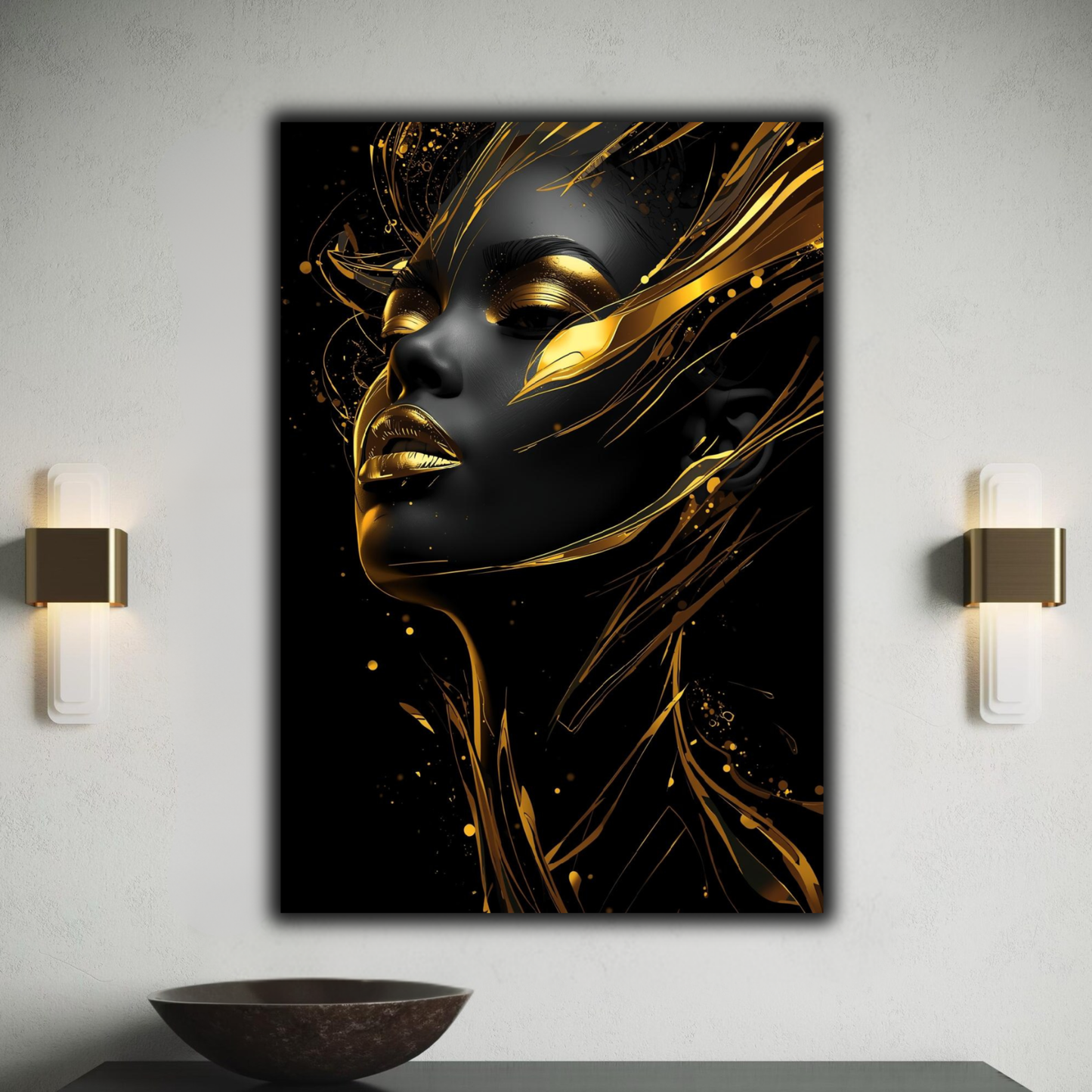 Black Woman Wall Art – Black & Gold Abstract Afrocentric Canvas Print | Luxury Modern African American Art Decor