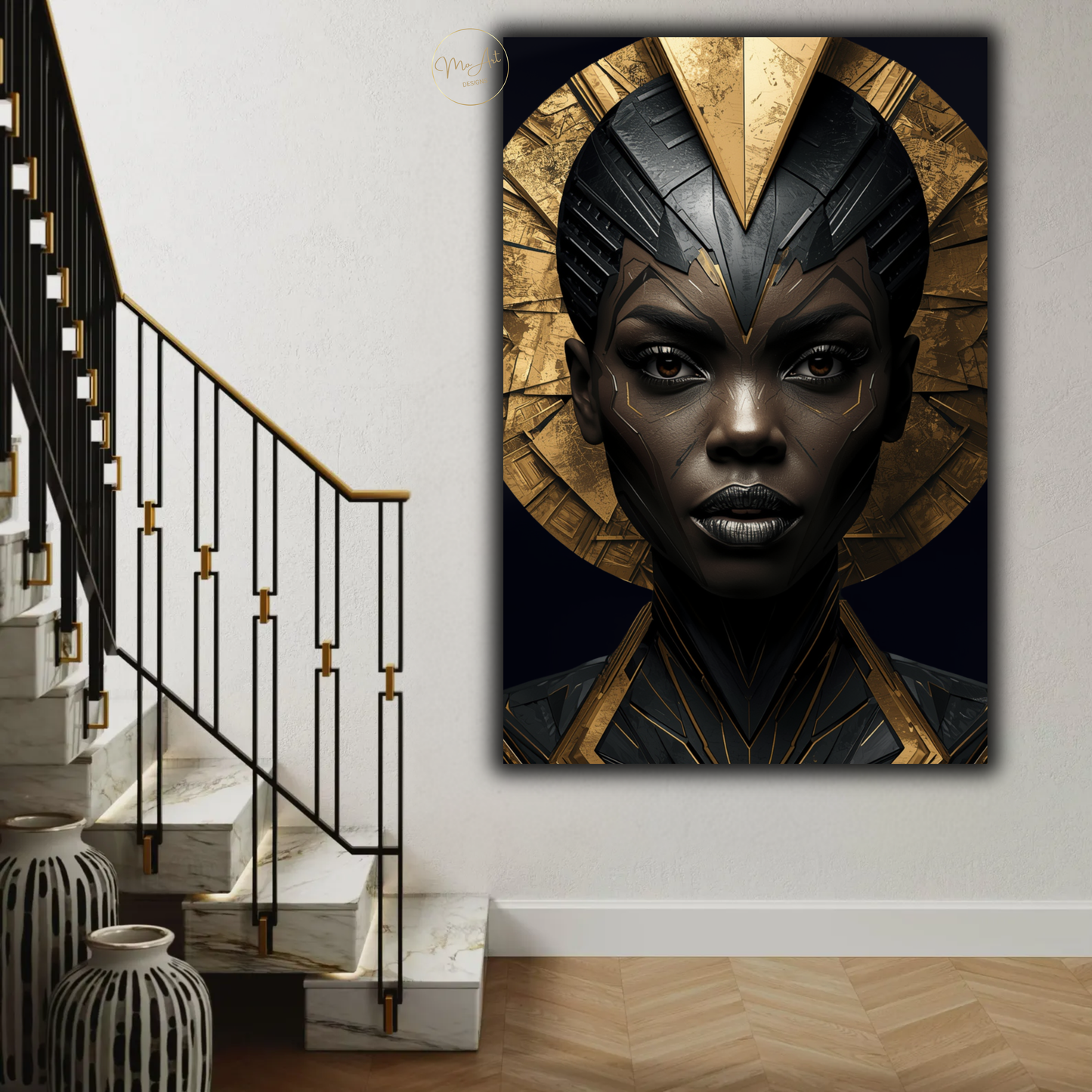 Black Woman Wall Art – Bold African Warrior Goddess | Premium Black & Gold Canvas Print