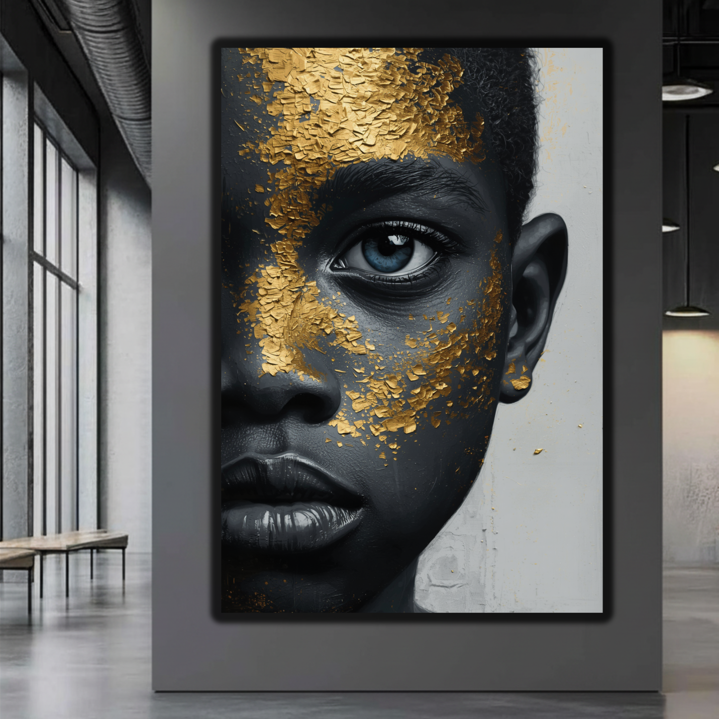 African American Wall Art – Black Boy with Blue Eyes Black & Gold Canvas Print | Luxury Afrocentric Decor