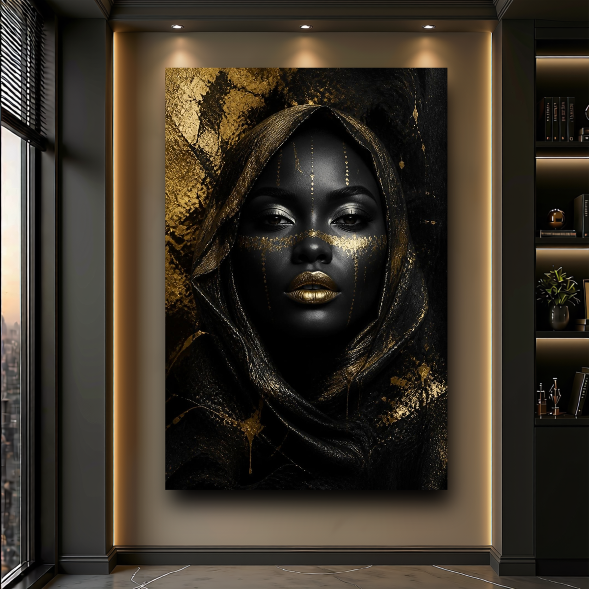 Black Woman Wall Art – Obsidian Queen | Black & Gold Luxury Portrait Canvas Print